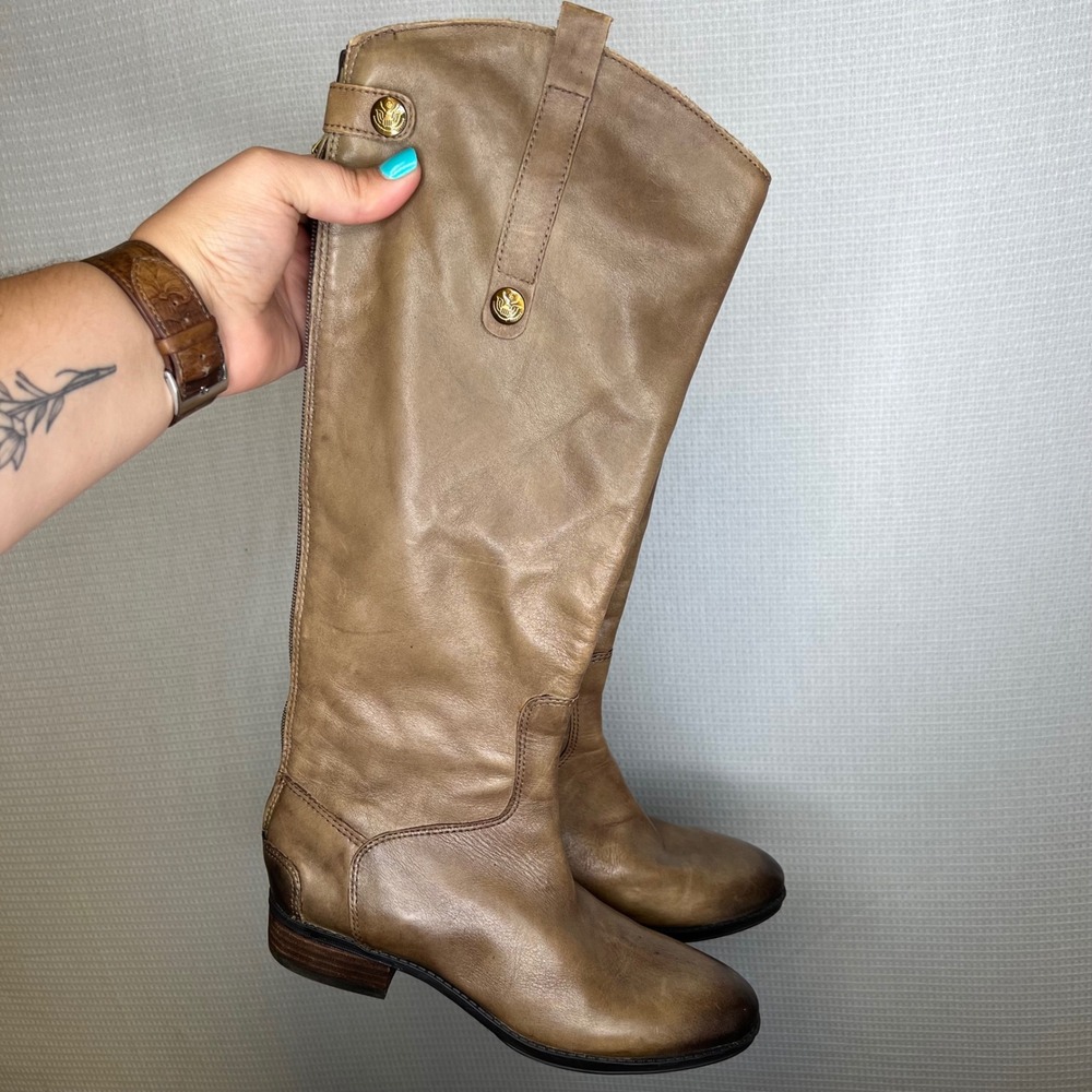Sam Edelman Penny Leather Riding Boots Brown Back Zip Tall Equestrian 6.5M 37